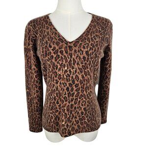 Neiman Marcus 100% Pure Cashmere Sweater Size Small Leopard Print Brown Preppy